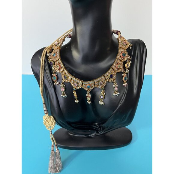 Gold tone Kundan style Indian Necklace With Multicolor faux Gemstones & Pearls T - Picture 7 of 9